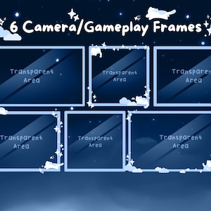 May include: Digital art featuring six gameplay frames with a night sky background. Each frame has a transparent area, outlined in light blue, and decorated with stars, clouds, and a cat. The text "6 Camera/Gameplay Frames" is at the top.