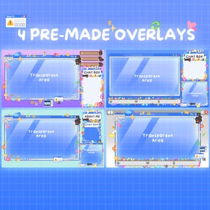 May include: Four pre-made overlays with transparent areas for streaming. Each overlay features a window design with decorative elements like stars, flowers, and hearts. Text includes "CHAT BOX" and "ABOUT ME". The background is a blue grid.