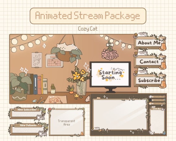 Animated Cozy Cat Stream Overlay Package: Twitch, YouTube