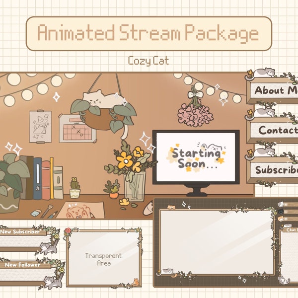 Animated Cozy Cat Stream Overlay Package: Twitch, YouTube