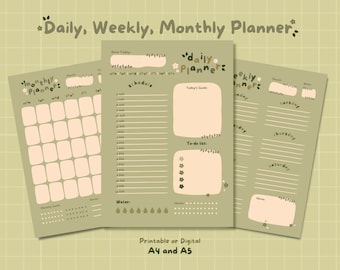 Kawaii Daily Weekly Monthly Planner, A4 A5 Printables (Digital Download)