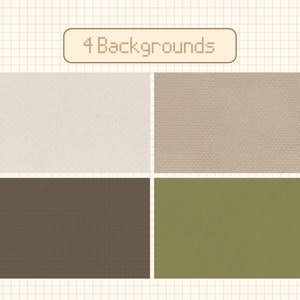 May include: Four different background textures: a light beige paper texture, a light brown canvas texture, a dark brown grid texture, and a solid green texture.  The text "4 Backgrounds" is displayed in a brown rectangle at the top of the image.