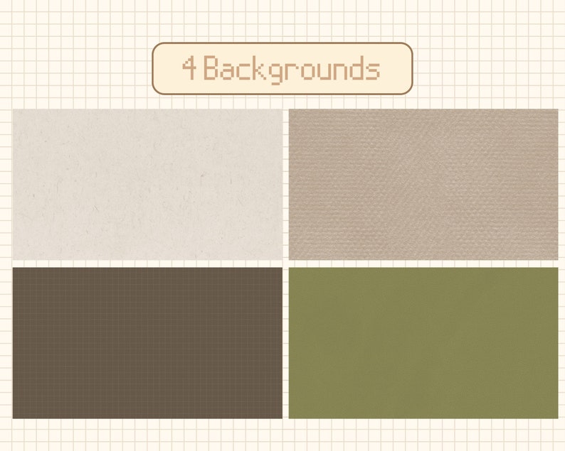 May include: Four different background textures: a light beige paper texture, a light brown canvas texture, a dark brown grid texture, and a solid green texture.  The text "4 Backgrounds" is displayed in a brown rectangle at the top of the image.