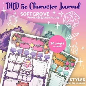May include: A fantasy-themed character journal with a pink and purple colour scheme. The journal features illustrations of mushrooms, strawberries, and stars. Text includes "DND 5e Character Journal", "SOFTGROVE", and "30 pages in total!"