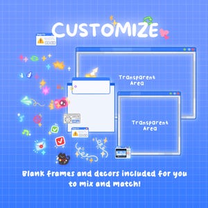 May include: A digital illustration with a blue grid background features the word "CUSTOMIZE" above two transparent frames. Decorative elements like stars, hearts, and icons surround the frames. The text "Blank frames and decors included for you to mix and match!" is at the bottom.