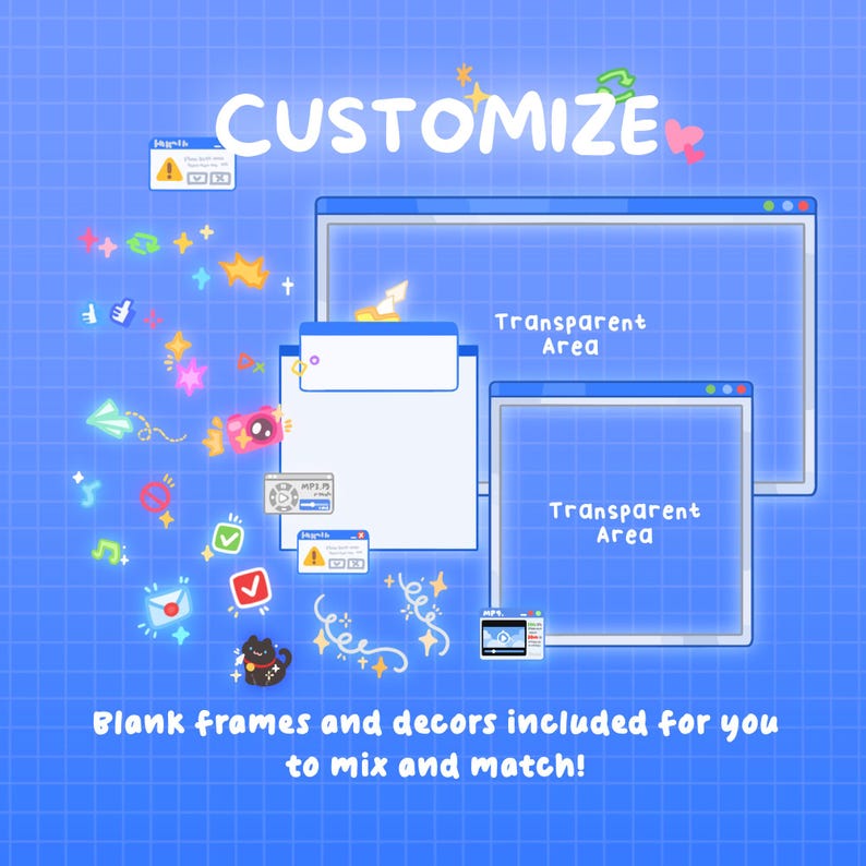 May include: A digital illustration with a blue grid background features the word "CUSTOMIZE" above two transparent frames. Decorative elements like stars, hearts, and icons surround the frames. The text "Blank frames and decors included for you to mix and match!" is at the bottom.