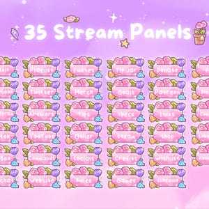 Puede incluir: Gr&aacute;fico digital con 35 paneles de transmisi&oacute;n con un dise&ntilde;o floral. Cada panel tiene un fondo rosa con texto como "Reddit", "Playlist" y "Emotes". Los paneles est&aacute;n dispuestos sobre un fondo rosa claro con elementos decorativos.