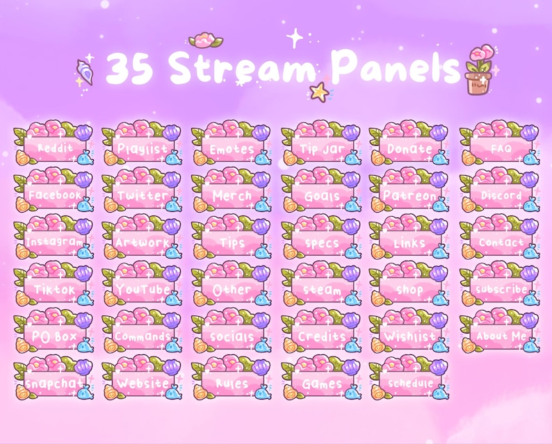 Puede incluir: Gr&aacute;fico digital con 35 paneles de transmisi&oacute;n con un dise&ntilde;o floral. Cada panel tiene un fondo rosa con texto como "Reddit", "Playlist" y "Emotes". Los paneles est&aacute;n dispuestos sobre un fondo rosa claro con elementos decorativos.