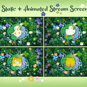 May include: Four animated stream screens featuring cartoon ducks and frogs on lily pads, surrounded by flowers and foliage. The screens have a green background with the text "4 Static + Animated Stream Screens" at the top.