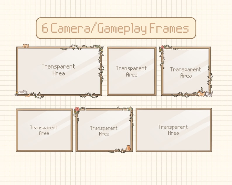 May include: Six transparent frames with brown borders and floral accents. Each frame has the text "Transparent Area" inside.