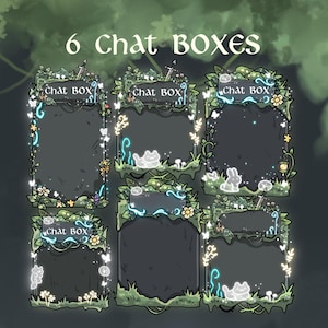 May include: Six digital chat box overlays with a dark gray background, framed by green foliage, flowers, and glowing accents. Each box has the text "Chat BOX" at the top. The design includes whimsical elements like glowing butterflies and small animal silhouettes.