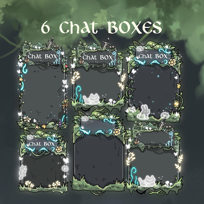 May include: Six digital chat box overlays with a dark gray background, framed by green foliage, flowers, and glowing accents. Each box has the text "Chat BOX" at the top. The design includes whimsical elements like glowing butterflies and small animal silhouettes.