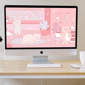 Purrfect Place Pink Cute Desktop Wallpaper Cozy Desktop Wallpaper Lofi ...