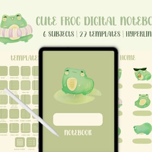 Könnte beinhalten: Ein digitales Notizbuch mit grünem Hintergrund und einem Comic-Frosch, der eine Sonnenbrille trägt. Das Notizbuch hat 6 Fächer und 27 Vorlagen. Der Text "HOME" und "NOTEBOOK" ist auf dem Bildschirm sichtbar.