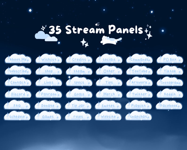 May include: A digital graphic featuring 35 stream panels with a celestial theme. Each panel, shaped like a cloud, contains text such as "About Me," "Wishlist," and "YouTube." The background is a gradient of dark blue with stars.
