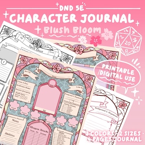 May include: A pink and white character journal for DND 5E, featuring floral designs and the text "Blush Bloom." The journal includes sections for spells, abilities, and weapon attacks. The phrase "Printable/Digital Use" is also visible.
