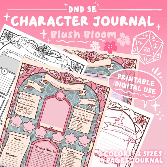 Pink DnD Character Sheet Printable PDF | Dungeons and Dragons 5e | Spell Card Backstory Notes | RPG Journal | Instant Download