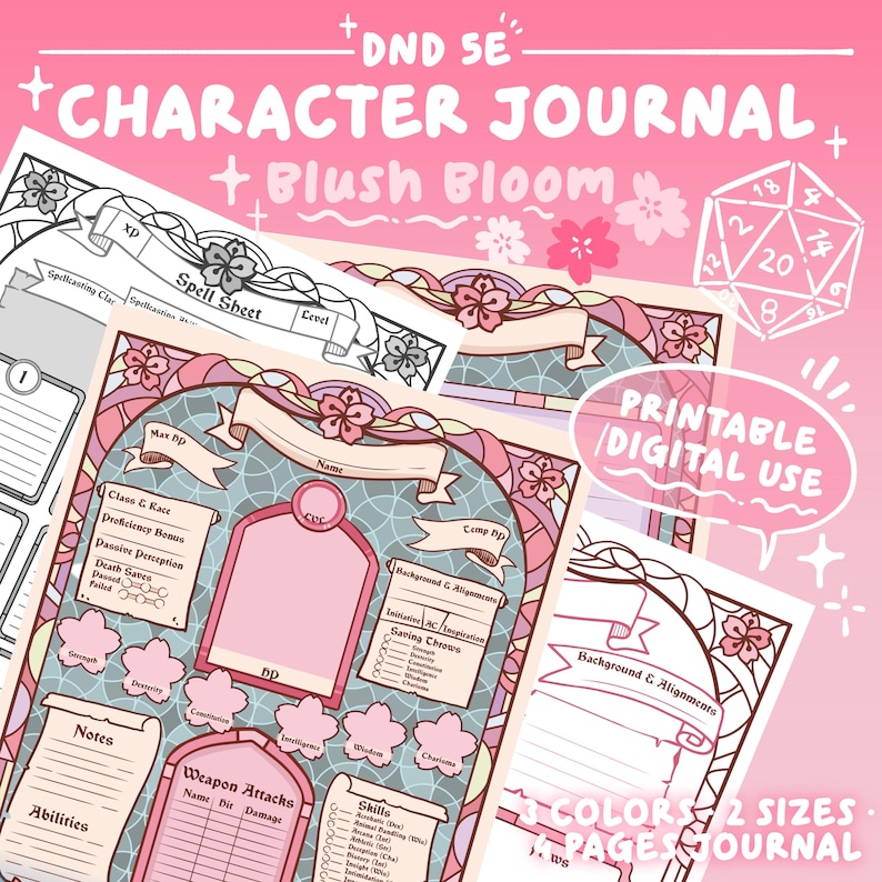 Może przedstawiać: R&oacute;żowy i biały dziennik postaci do DND 5E, z kwiatowymi wzorami i tekstem "Blush Bloom". Dziennik zawiera sekcje na zaklęcia, umiejętności i ataki broni. Widoczna jest r&oacute;wnież fraza "Printable/Digital Use".