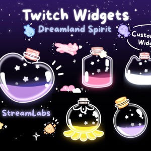 以下が含まれることがあります： 夢のような夢の国のテーマでカスタマイズ可能なTwitchウィジェット6個セット。ウィジェットは、輝く星と紫、ピンク、白、黄色の液体が入ったボトルの形をしています。画像の上部には「Twitch Widgets」と「Dreamland Spirit」のテキストがあります。「カスタマイズ可能なウィジェット！」というテキストは吹き出しの中にあります。「Streamlabs」というテキストは画像の下部にあります。