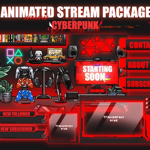May include: A cyberpunk-themed animated stream package in red and black. The design includes neon accents and overlays for "Contact", "About Me", and "Subscribe". A "Starting Soon" screen is also featured.