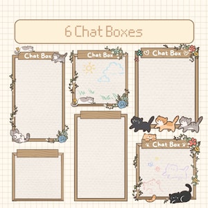 May include: Six chat boxes with wooden frames and floral accents. Each box features a different cartoon cat and a blank space for text. The title "6 Chat Boxes" is at the top of the image.