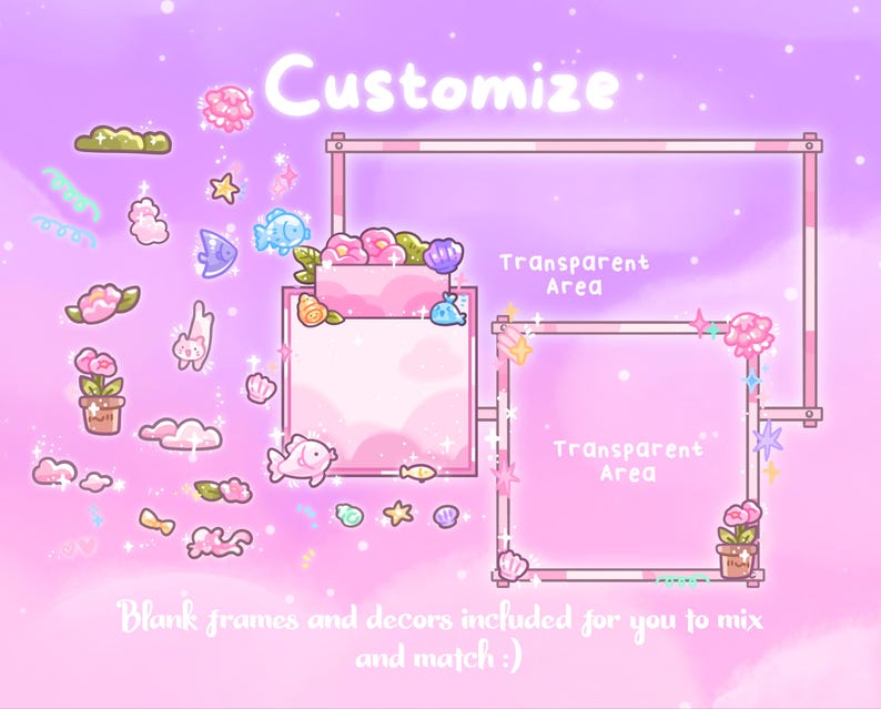 Puede incluir: Ilustraci&oacute;n digital en tonos rosas y morados, con la palabra "Customize". La imagen incluye elementos decorativos como peces, flores y marcos. El texto en la parte inferior dice "Blank frames and decors included for you to mix and match :)".