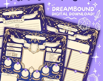 Może przedstawiać: Cyfrowe pobieranie kart postaci DND 5e. Karty mają ciemnoniebieskie tło ze złotymi akcentami i dekoracyjnymi obramowaniami. Tekst zawiera "Wygląd", "Arkusz zaklęć" i "DreamBound Digital Download!"