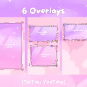Puede incluir: Seis superposiciones digitales con un tema rosa y morado. Las superposiciones presentan bordes decorativos con motivos florales y de nubes. El texto "Transparent Area" es visible dentro de los marcos. Tambi&eacute;n est&aacute;n presentes las palabras "6 Overlays" y "(TikTok, YouTube)".