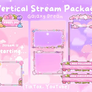 以下が含まれることがあります： ギャラクシー・ドリームをテーマにした垂直ストリームパッケージ。ピンクと紫の色合いに、花、雲、海の生き物などの装飾要素が特徴です。「About Me」、「Stream is Starting...」、「New Follower」、「New Subscriber」などのテキストが含まれています。