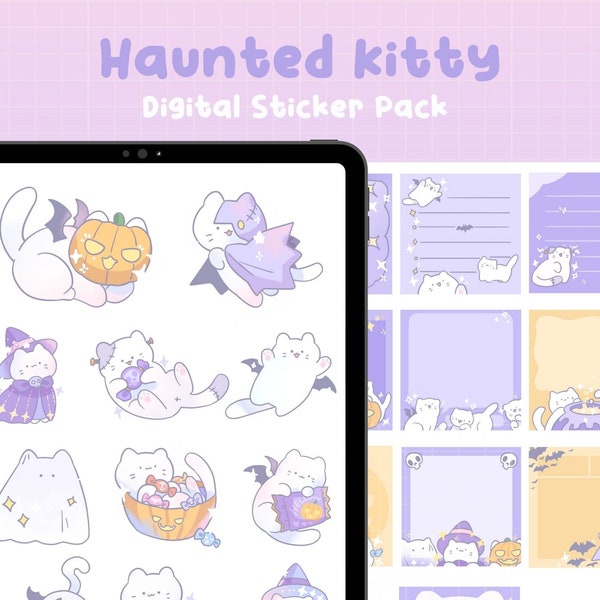 Haunted Kitty Digital Sticker Pack | Kawaii Digital Stickers | Goodnotes Stickers | Notability | Notetaking | Halloween Digital Stickers