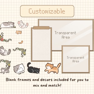 May include: A digital illustration of customizable frames and cat-themed decorations. The frames are brown with a white interior and the text "Transparent Area" is written inside each frame. The decorations include cats, flowers, and vines.