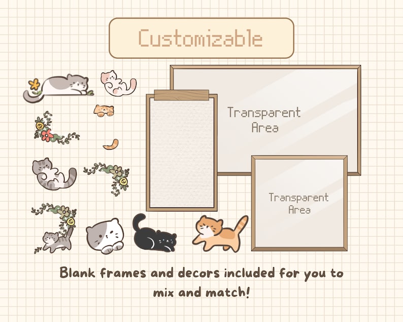 May include: A digital illustration of customizable frames and cat-themed decorations. The frames are brown with a white interior and the text "Transparent Area" is written inside each frame. The decorations include cats, flowers, and vines.