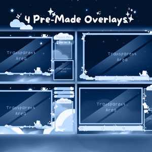 May include: Four pre-made digital overlays with a night sky theme. Each overlay features a transparent area for streaming content, with decorative elements like clouds, stars, and text boxes labeled "About Me" and "Chat Box".