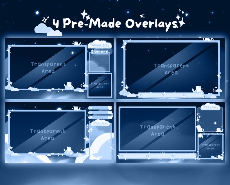 May include: Four pre-made digital overlays with a night sky theme. Each overlay features a transparent area for streaming content, with decorative elements like clouds, stars, and text boxes labeled "About Me" and "Chat Box".