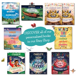 May include: A collection of colorful children's books with titles like "The Joyful Adventures of Mummy and Harrison" and "Christmas Boo!" The image includes the text "DISCOVER all of our personalised books in our Etsy Shop."