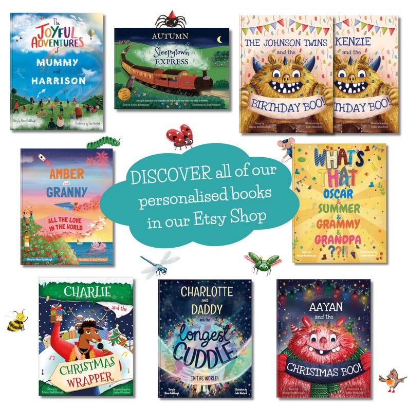 May include: A collection of colorful children's books with titles like "The Joyful Adventures of Mummy and Harrison" and "Christmas Boo!" The image includes the text "DISCOVER all of our personalised books in our Etsy Shop."