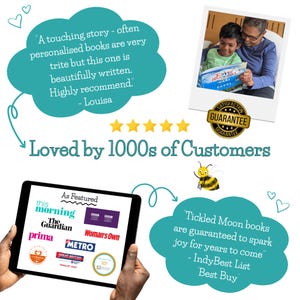 May include: Image featuring a tablet displaying logos of media outlets, a photo of a person and child reading a book, and text bubbles with customer testimonials. The image also includes a bee illustration and a satisfaction guarantee badge.