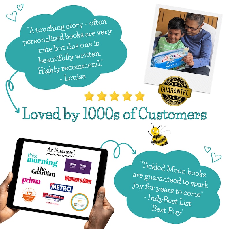 May include: Image featuring a tablet displaying logos of media outlets, a photo of a person and child reading a book, and text bubbles with customer testimonials. The image also includes a bee illustration and a satisfaction guarantee badge.