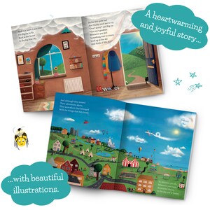May include: A children's book with colorful illustrations. The open pages show a house interior with a window and a coat rack, and a vibrant outdoor scene with houses, a circus tent, and a Ferris wheel. Text bubbles read "A heartwarming and joyful story..." and "...with beautiful illustrations."