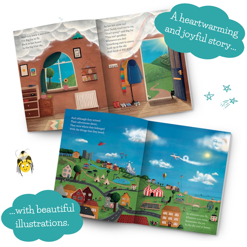 May include: A children's book with colorful illustrations. The open pages show a house interior with a window and a coat rack, and a vibrant outdoor scene with houses, a circus tent, and a Ferris wheel. Text bubbles read "A heartwarming and joyful story..." and "...with beautiful illustrations."
