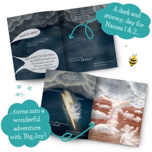 May include: A children's book with illustrations of a dark and stormy day. The book's pages show text and drawings of a storm, lightning, and a rainbow. Text includes "RAIN GO AWAY!" and "WE WANT TO GO OUT!!"
