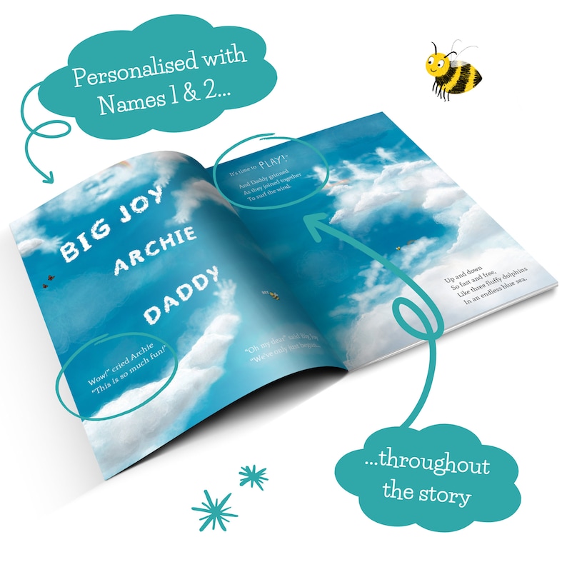 May include: An open book with a blue sky background and white clouds. The text "BIG JOY ARCHIE DADDY" is displayed. The book is personalized with names. A cartoon bee is in the upper right corner. Text bubbles throughout the story.