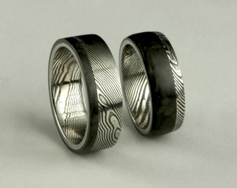 Wedding rings set made of damascus steel with carbon 100% handmade, wedding rings, OOAK, damask jewellery, black rings, unrepeatable pattern