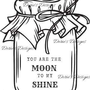 Może przedstawiać: Czarno-biała liniowa ilustracja słoika z wstążką zawiązaną wokół wieczka. Słoik zawiera tekst "You are the moon to my shine".