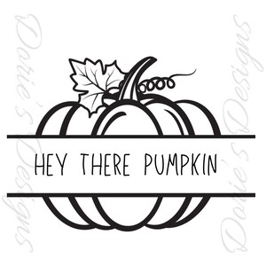 Op de afbeelding: Zwart-witte lijntekening van een pompoen met een steel en een blad. De tekst "HEY THERE PUMPKIN" staat op een banner in het midden van de pompoen.