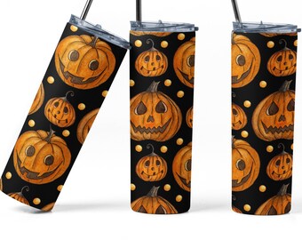 Bright Scary Halloween Pumkins Tumbler Wrap, Colorful Pumpkin Halloween Sublimation Design, 20 oz Skinny Tumbler, Pumpkin Tumbler PNG