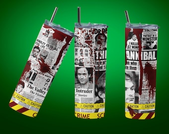 Serial Killers Newspaper Stories Tumbler Sublimation Design Template, 20 oz Skinny Tumbler, Instant Download PNG