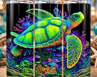 Sea Turtle Tumbler Wrap – Holographic Ocean Design, 20oz Skinny (PNG Digital Download)