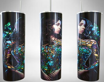 Envoltório de copo de vidro manchado feminino 20 oz Skinny Tumbler wrap Design de sublimação Download digital PNG 2023