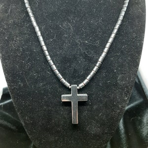 Hematite Beaded Necklace with Hematite Cross Pendant